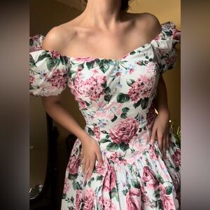 Vintage Cottagecore Jessica McClintock Floral Pink and White Maxi Dress